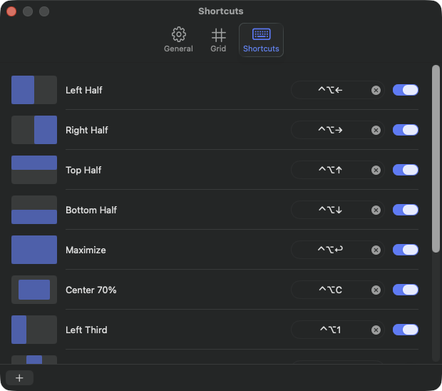 Corral's Shortcuts settings with built-in layouts and hotkeys