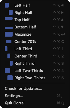 Corral's menu bar menu listing every layout